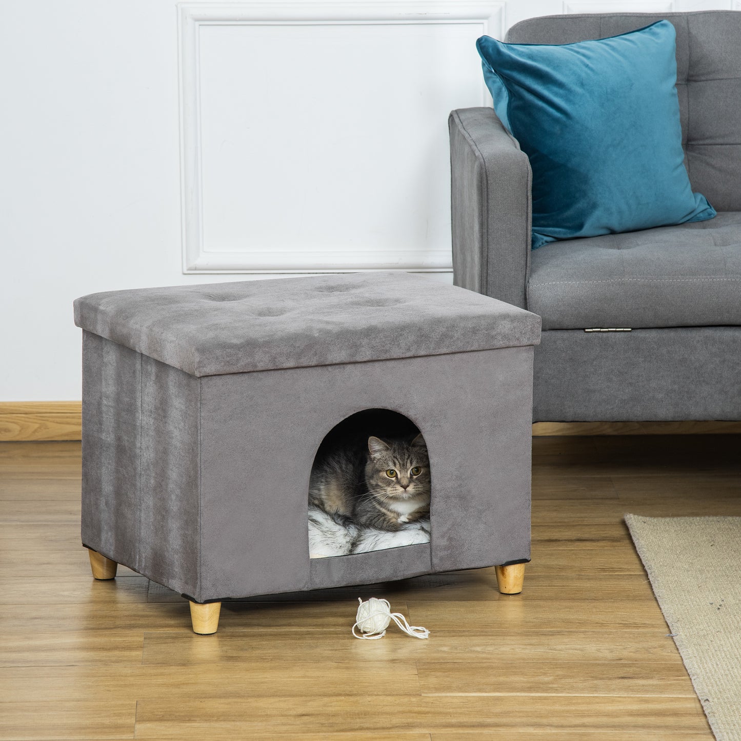 PawHut Cat House Pouf Padded Footstool with Removable and Washable Cushion, Gray