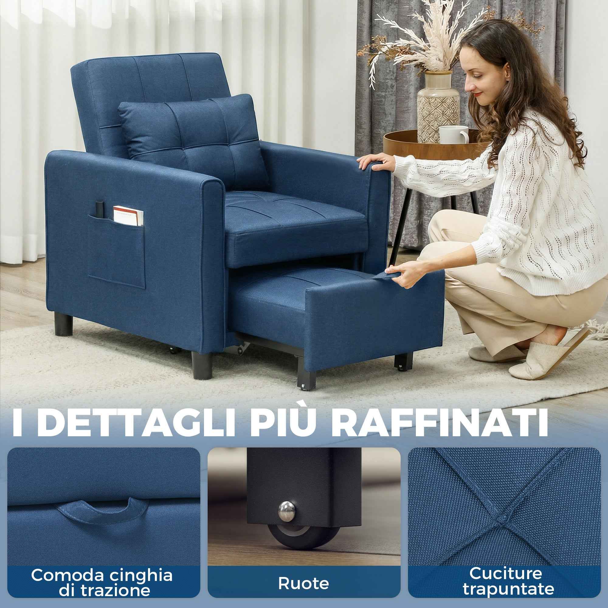 Folding Chair Bed with Adjustable Backrest and Cushion, Blue