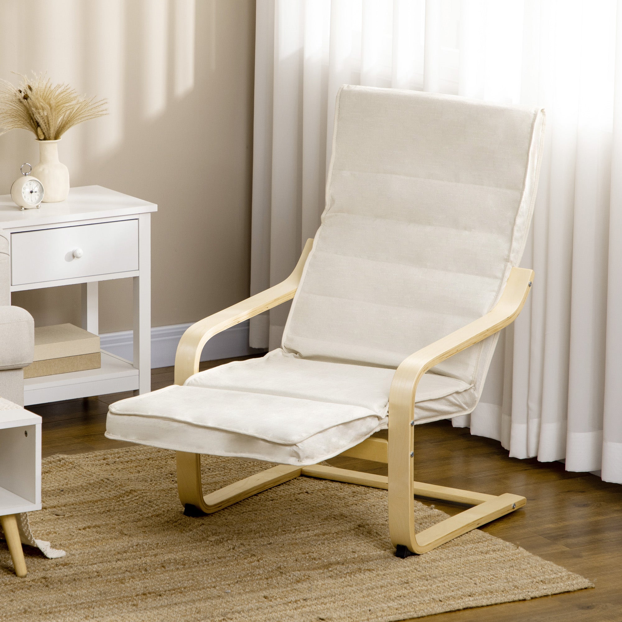 Relaxing Chair with 5-Level Footrest and Headrest, Birch Wood and Fabric, 66.5x94x100 cm, Cream