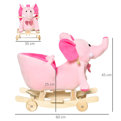 Elephant-shaped Rocking Animal with Wheels and Belt, Plush, Wood and Steel, 60x35x45 cm, Pink