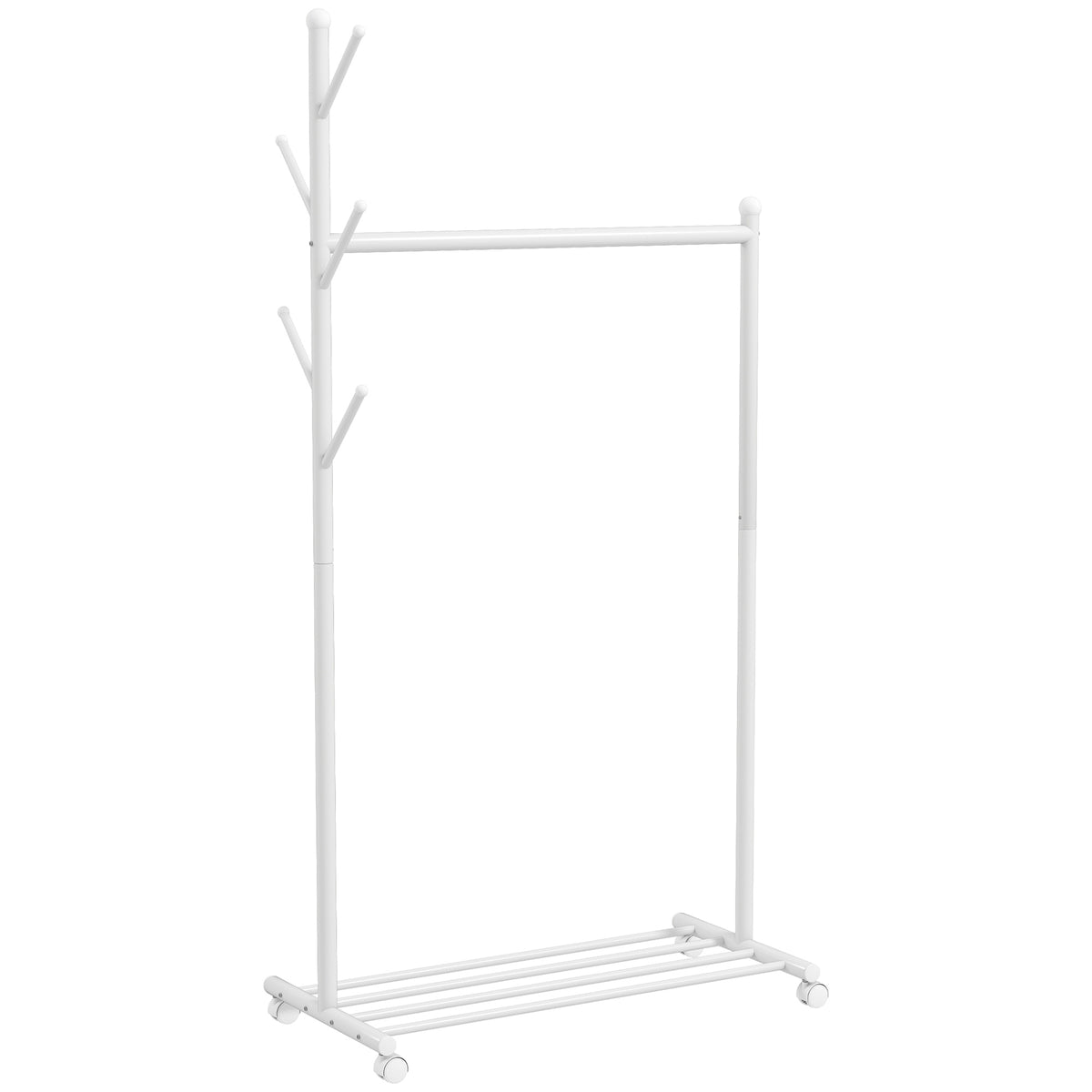 HOMCOM Metal Coat Rack with Wheels, 5 Hooks and Lower Shoe Shelf, Load Capacity 9 kg, White