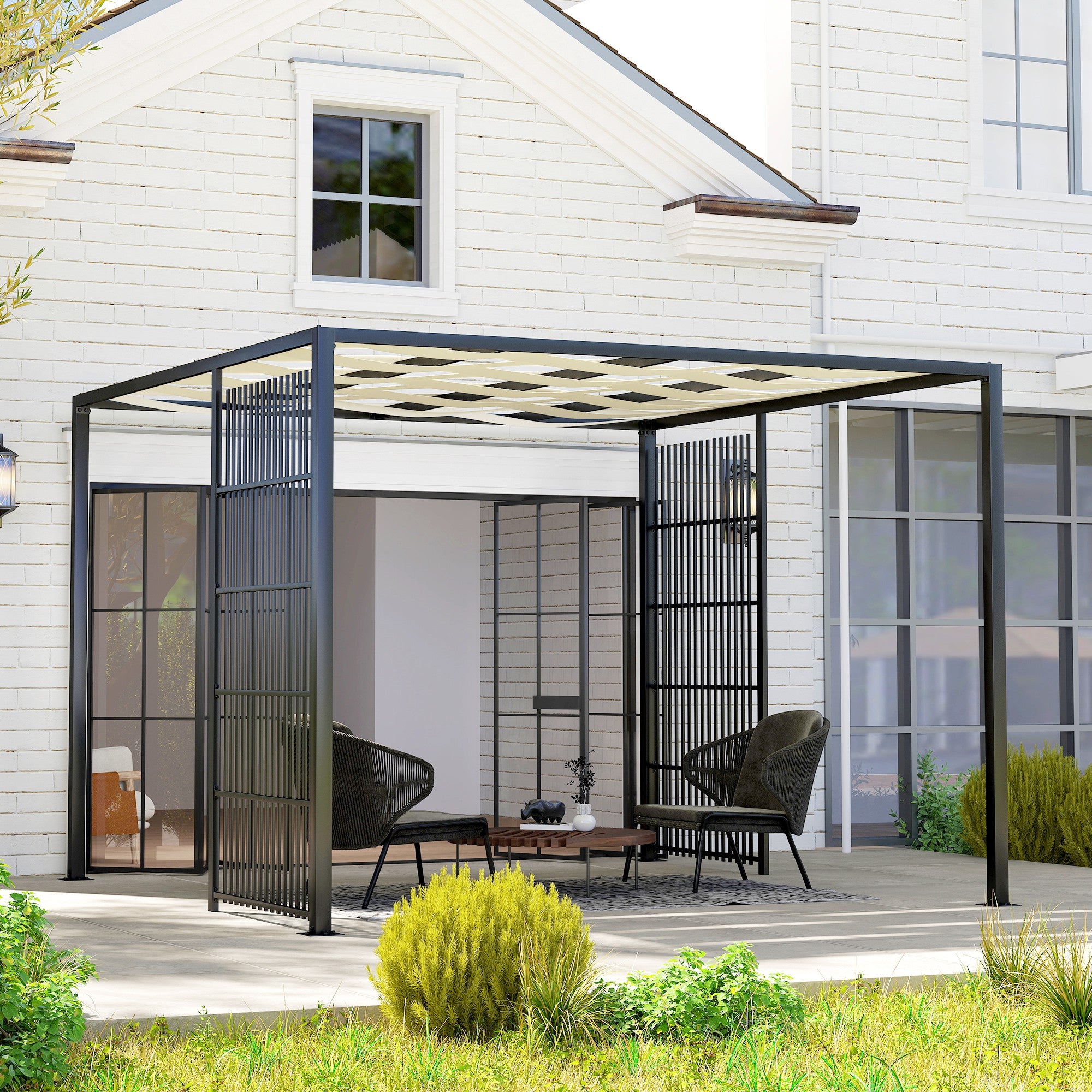 Outdoor Pergola 3x3 m with Wavy Covering and Side Panels, in Metal and Black Polyester