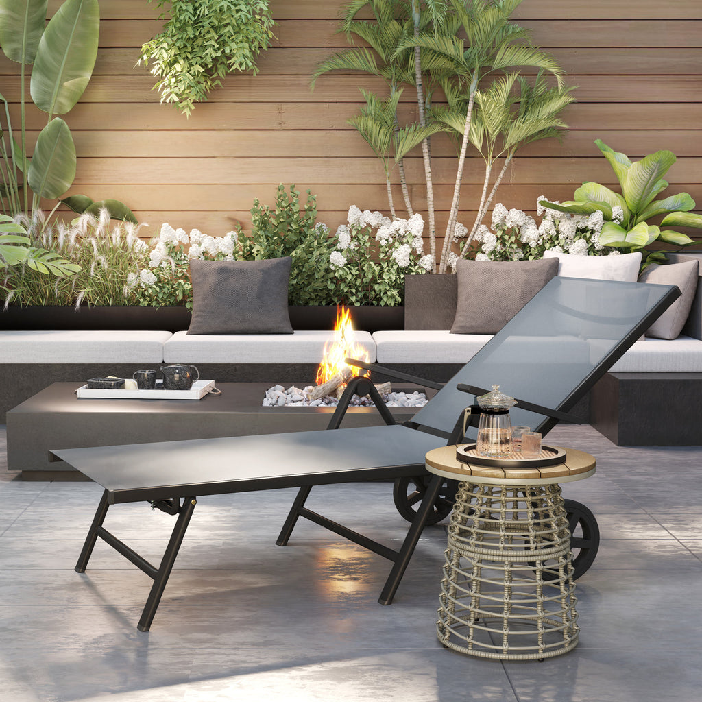 Folding and Reclining Deckchair in 5 Positions with Wheels, in Metal and Textilene, 72x158x84 cm, Gray