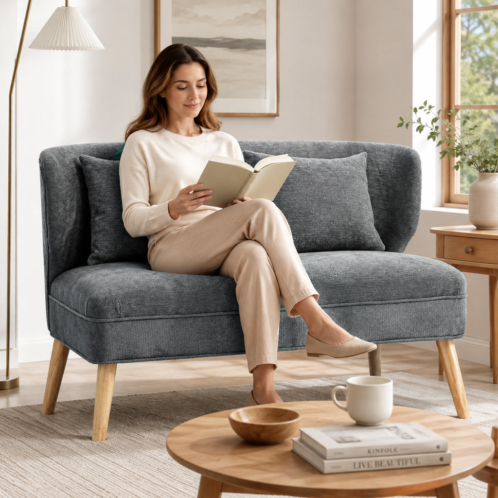 HOMCOM 2-Seater Chenille Sofa with Wide Seat, Thick Padding, 2 Cushions, Rubber Wood Legs, Grey