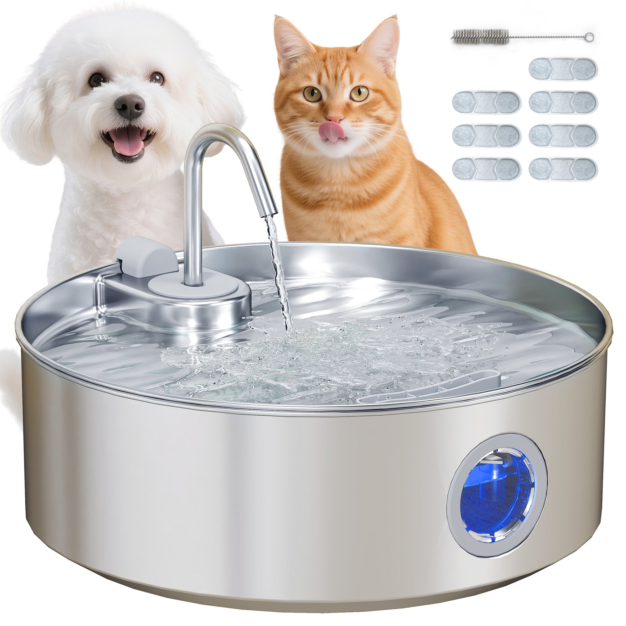 7L Cat Water Fountain with LED Light and Triple Filtration, 304 Stainless Steel, 30.5 x 31.2 x 19.3 cm, Silver