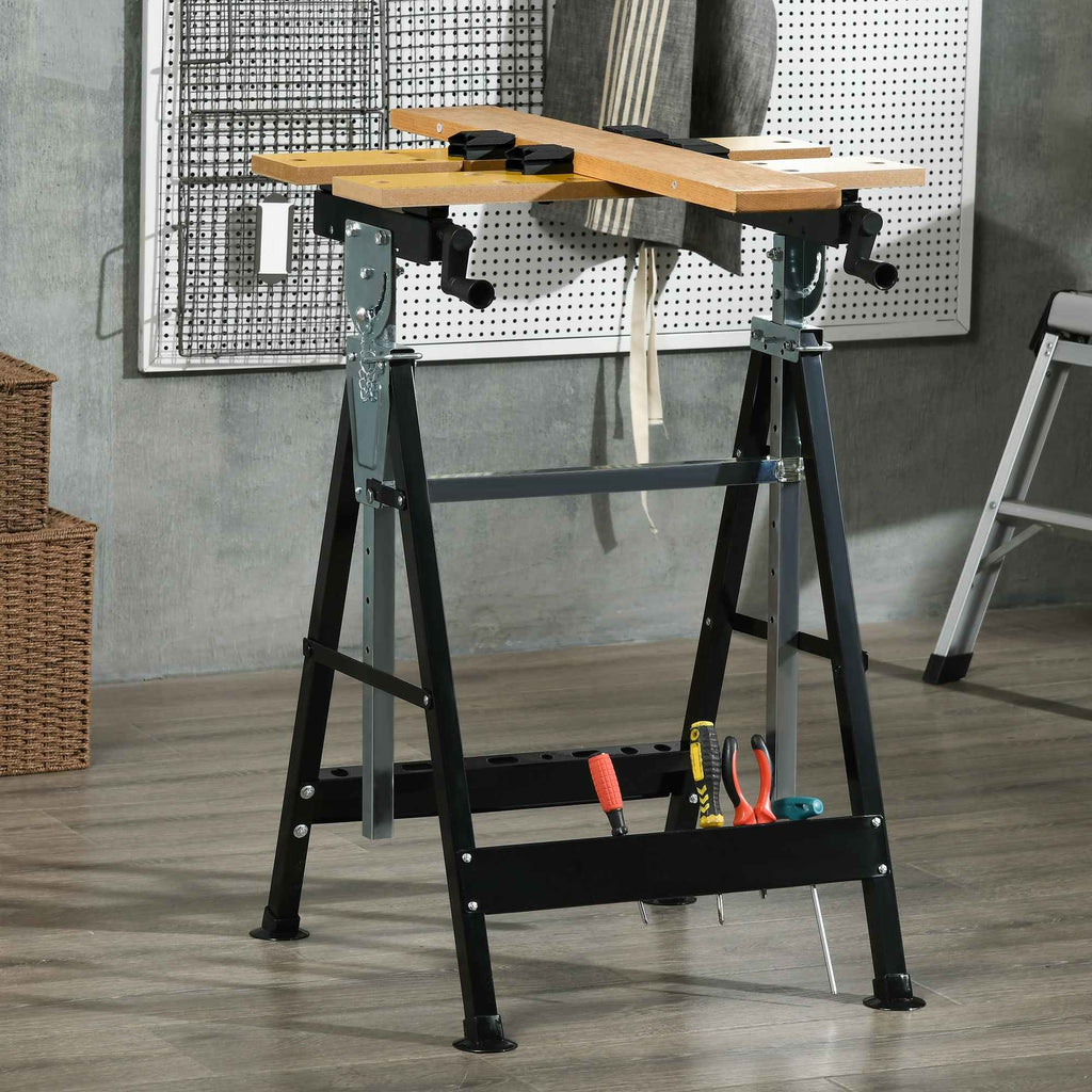 HOMCOM Folding Workbench with 4 Clamps, Adjustable Height and Angle, 100 kg Load Capacity, Black and Wood Color