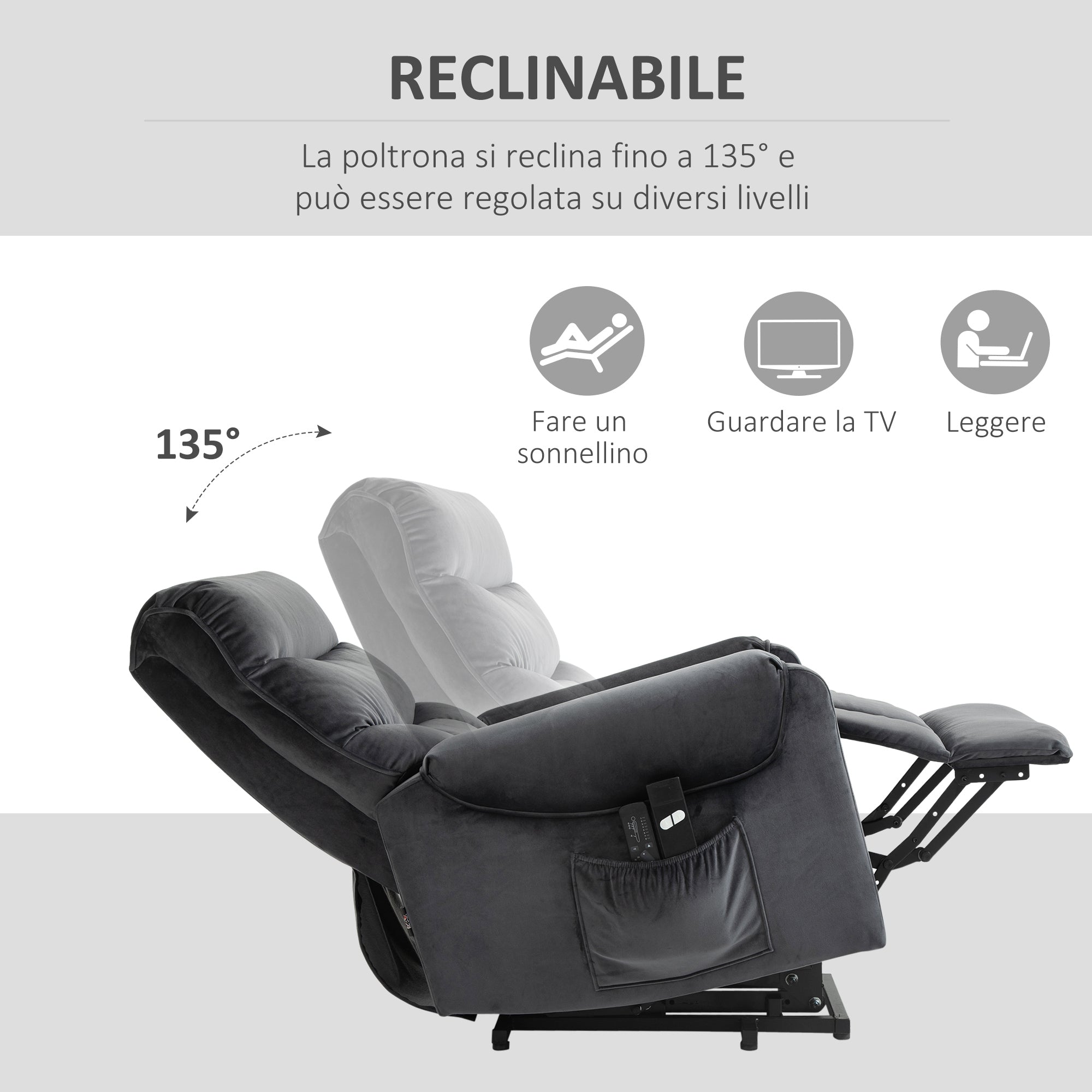Reclining Relax Chair, 135 ° Massage and Lift with Remote Control, 79x97x103cm, Grey - Borgè