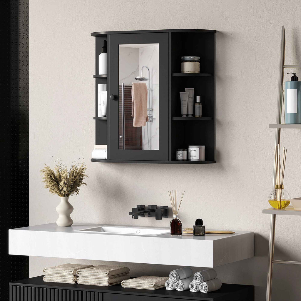 HOMCOM Bathroom Mirror with 6 Open and 2 Closed Shelves, Wood and Glass, 66x17x63 cm, Black