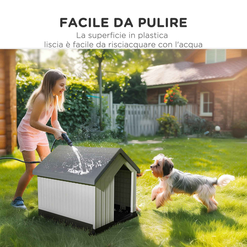 PawHut Waterproof Outdoor Plastic Dog House for Small and Mini Dogs with Window, 62x61x60 cm, Grey