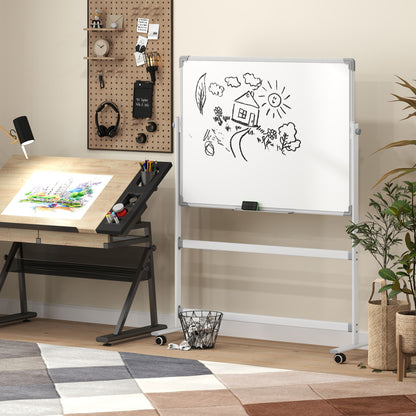 2-Sided White Magnetic Whiteboard with Accessories and 4 Wheels, in Aluminum and Steel, 127x50x165 cm