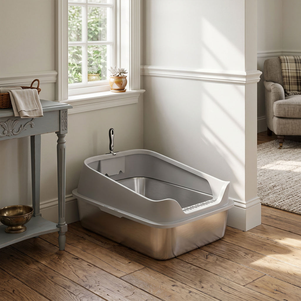 PawHut XXL Stainless Steel Cat Litter Box with Scoop, High Sides, Anti-Leak, Anti-Odor, Up to 12 kg, Grey