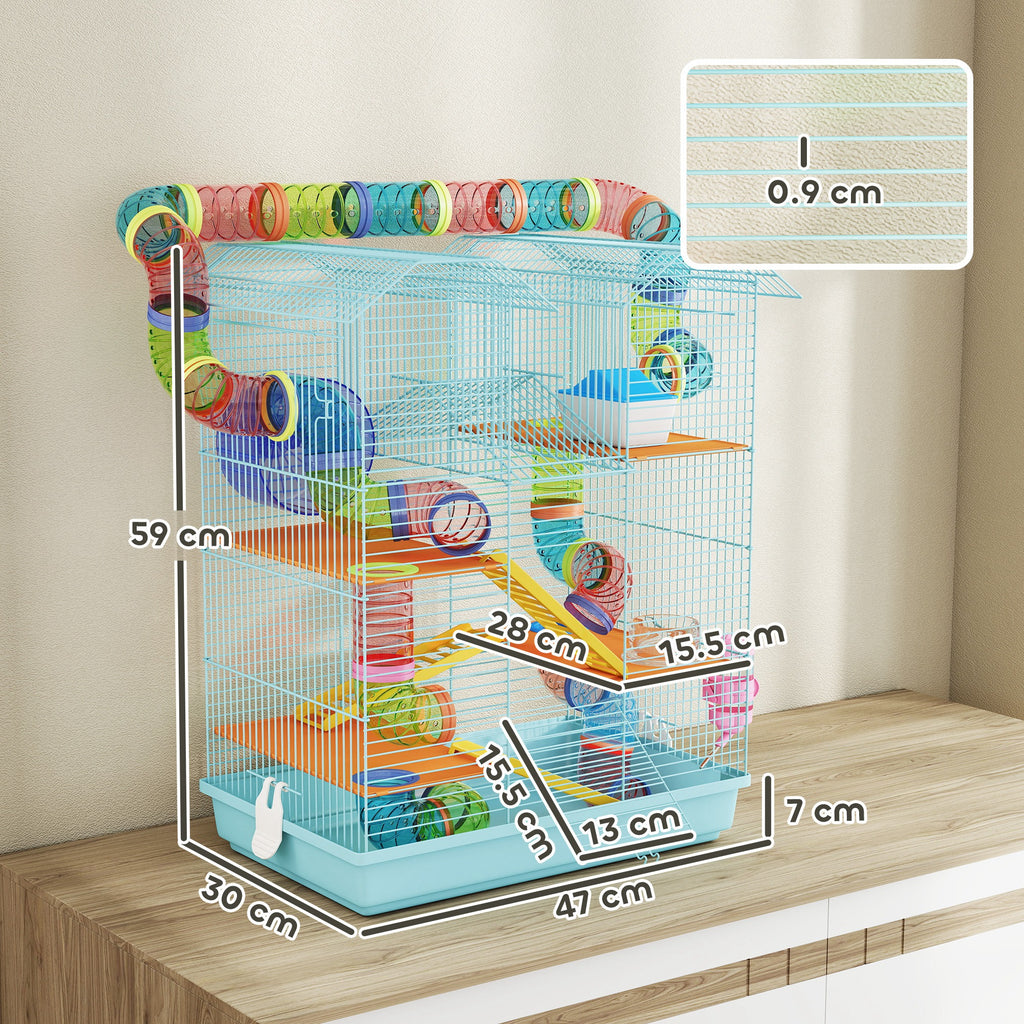 5-Story Hamster Cage with Colorful Tubes, Wheel, House and Accessories, 47x30x59 cm, Blue