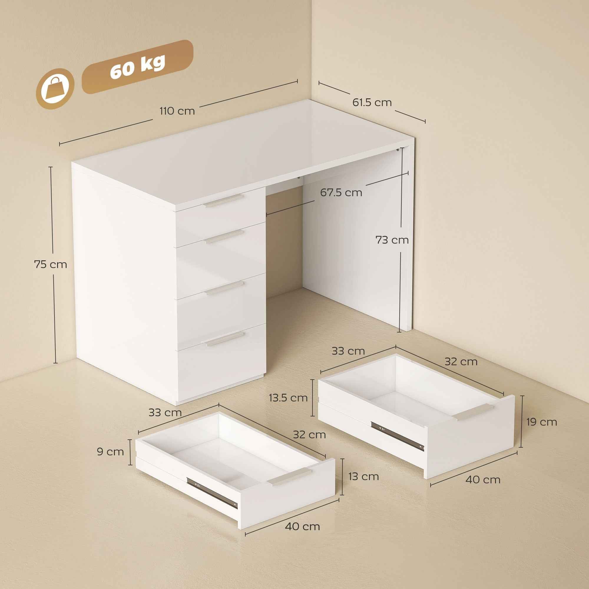 HOMCOM Space-Saving Desk Computer Table 4 Drawers 110x61.5x75 cm White