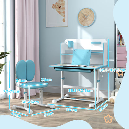 Adjustable Children's Desk and Chair Set, School Desk with Tiltable Top, Drawer, Shelf, Blue