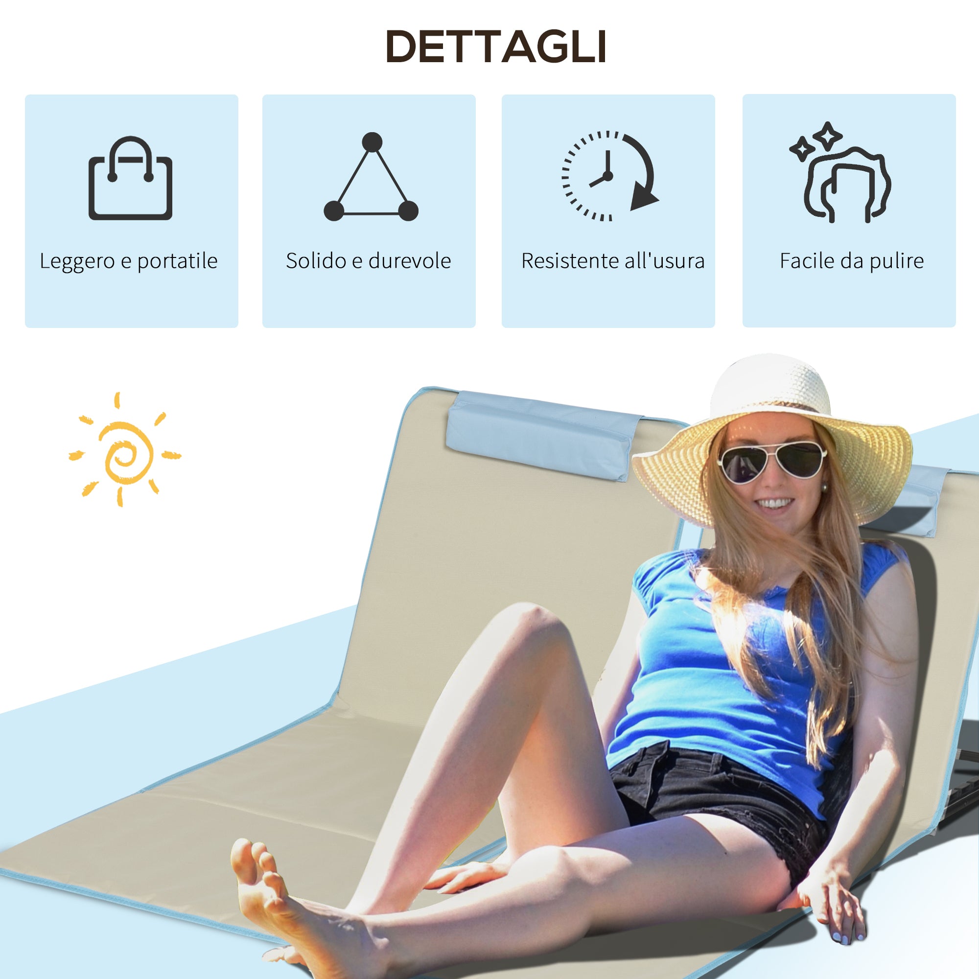 Set of 2 Folding Beach Chairs with Adjustable Backrest and Headrest, 53x124x35-45 cm, Beige and Light Blue