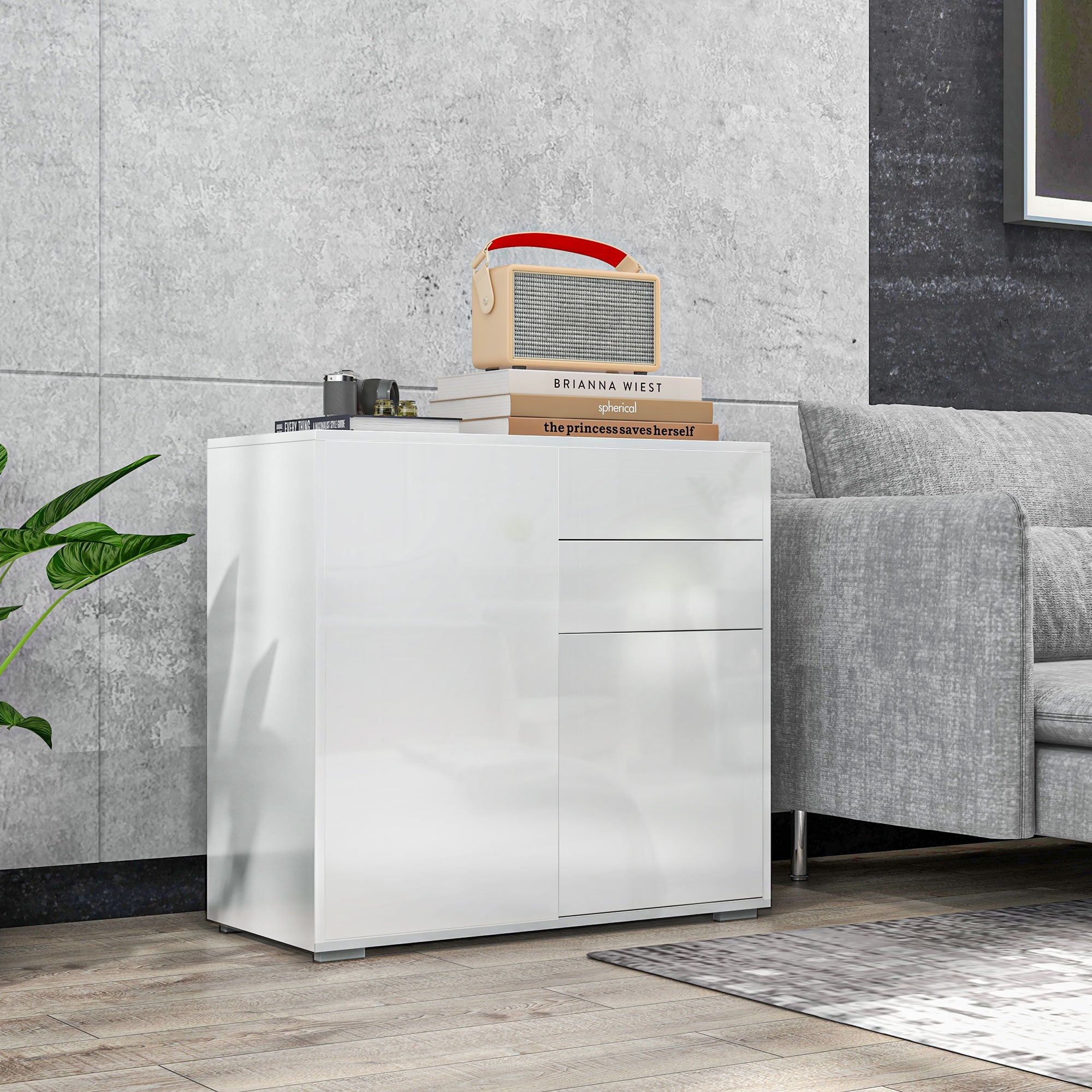 Modern Sideboard with 2 Cabinets and 2 Push-Open Drawers, 79x36x74cm, Gloss White