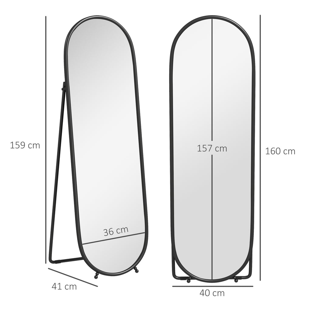Full-Length Floor Mirror with Folding Stand, in Glass and Metal, 40x41x159 cm, Black