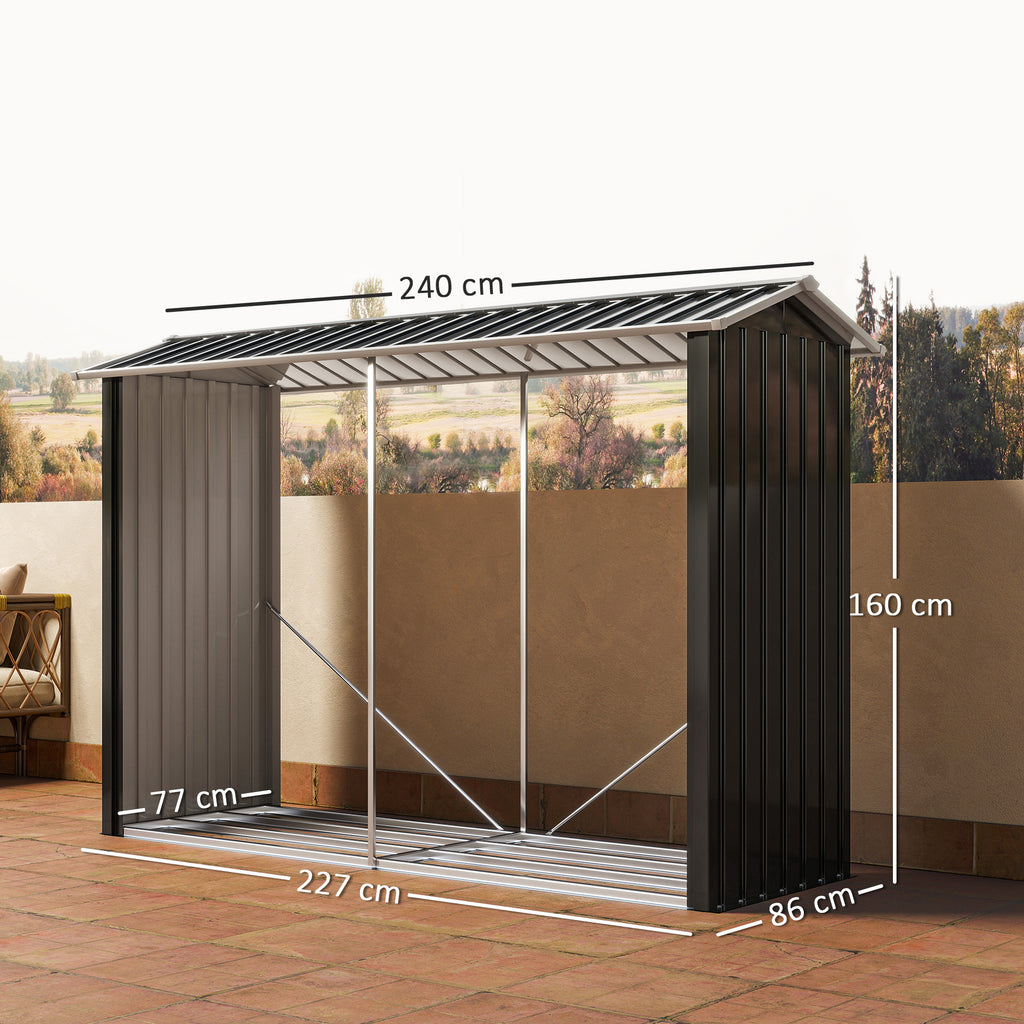 Wood Shed with Galvanized Steel Frame and Raised Base, 240x 86x160cm, Black