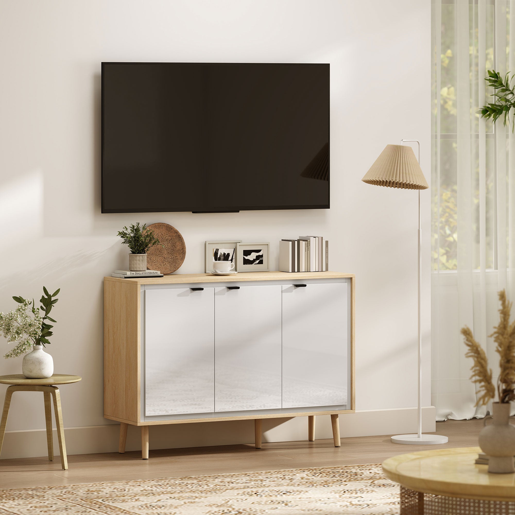 Modern 3-Door Sideboard with Adjustable Shelf, 107x35x77 cm, Gloss White and Oak