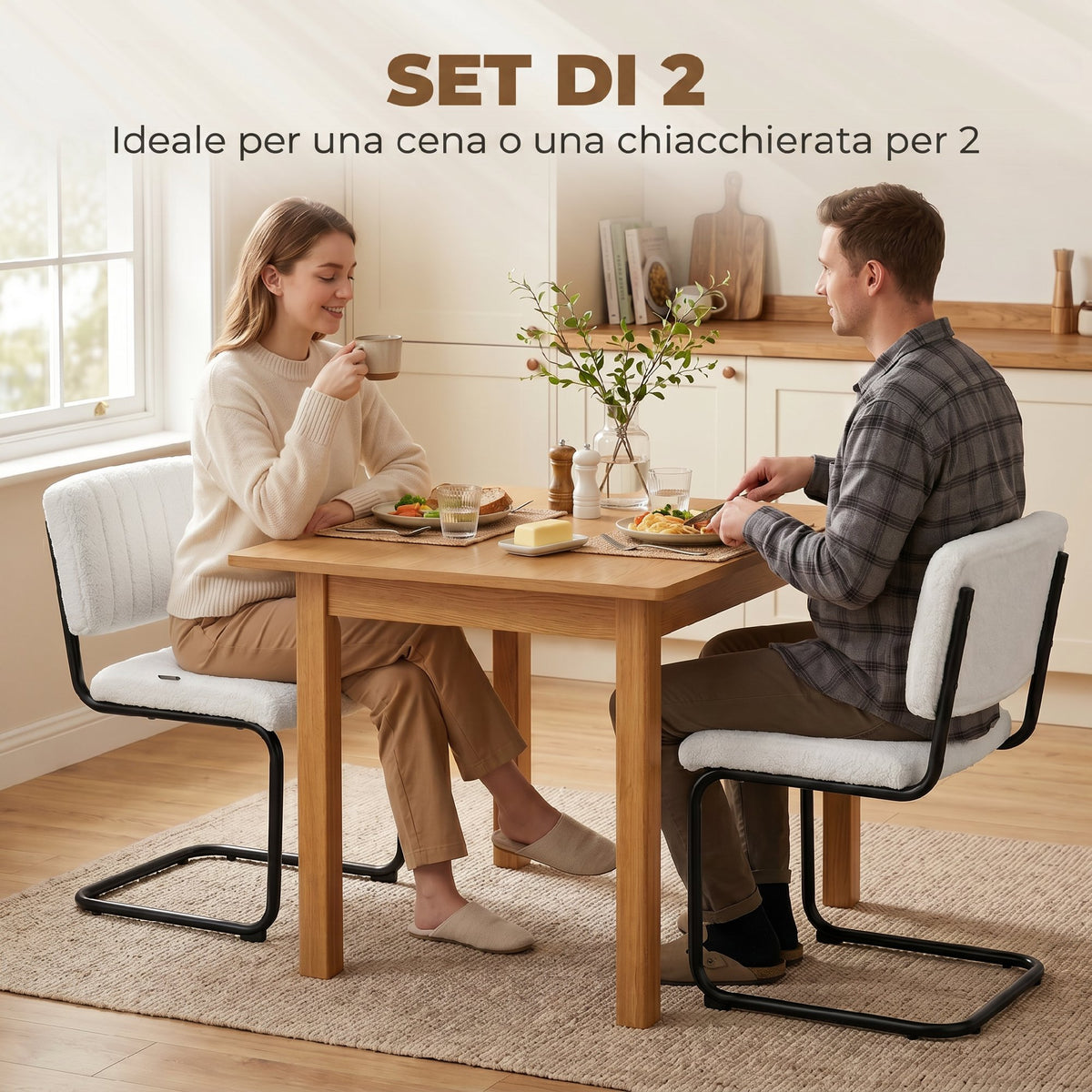 HOMCOM Set of 2 Upholstered Dining Chairs in Teddy Fabric, Metal Sled Frame, Cream White