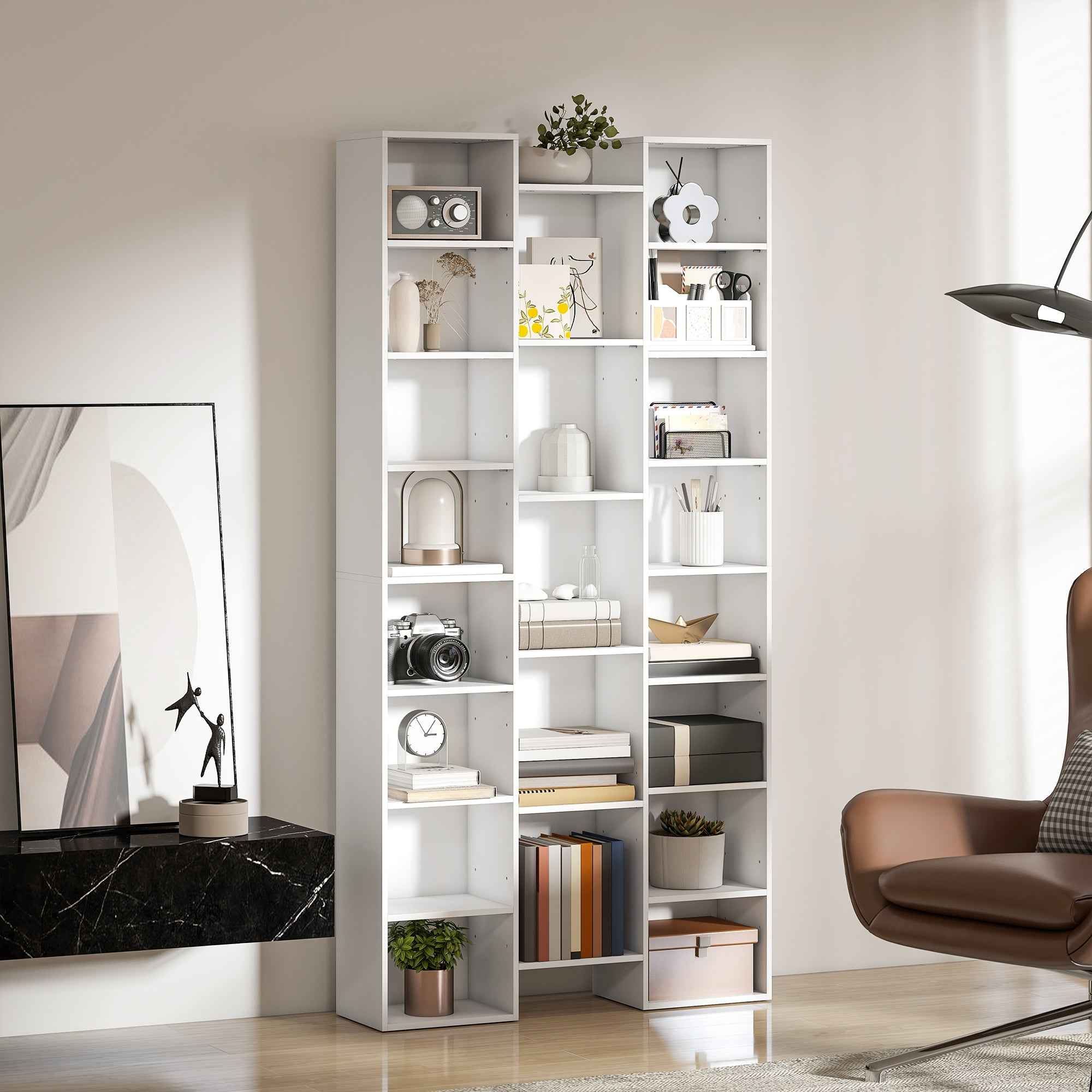 HOMCOM Modern Wooden Bookcase, 181 cm High, with 21 Compartments and 10 Adjustable Shelves, White