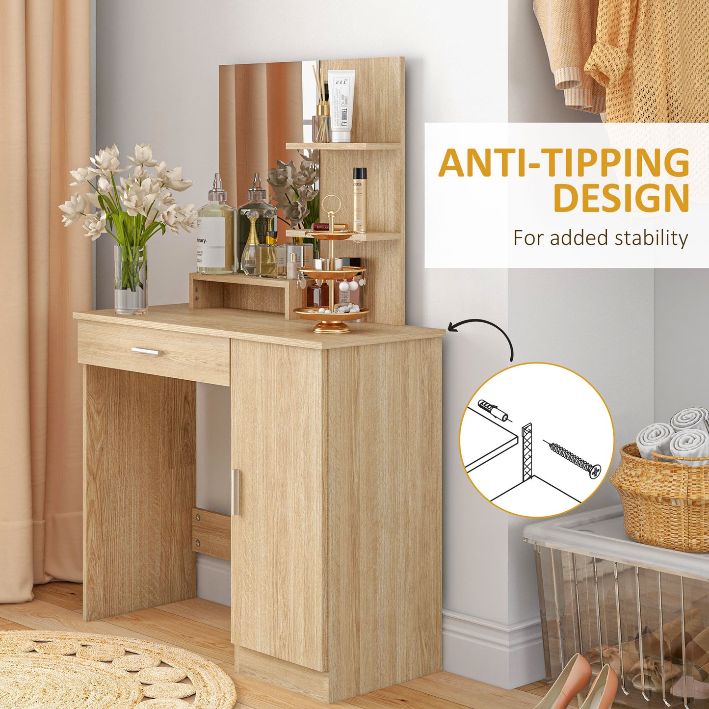 Dressing make -up table with cabinet, drawer, open shelves and mirror, 90x38x138 cm