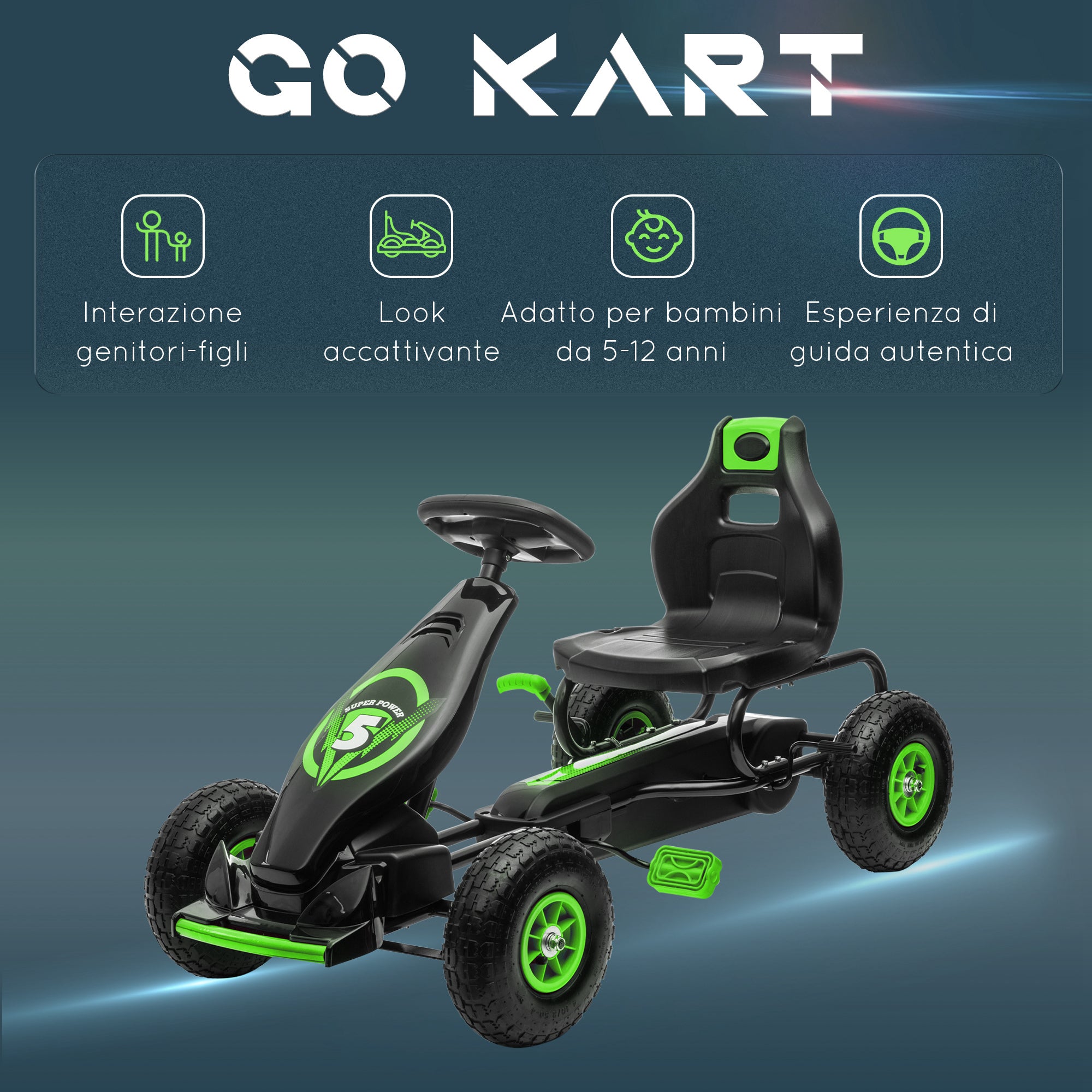 Pedal Go Kart for Kids Ages 5-12 with Adjustable Seat, Metal and PP 121x58x61 cm, Green and Black