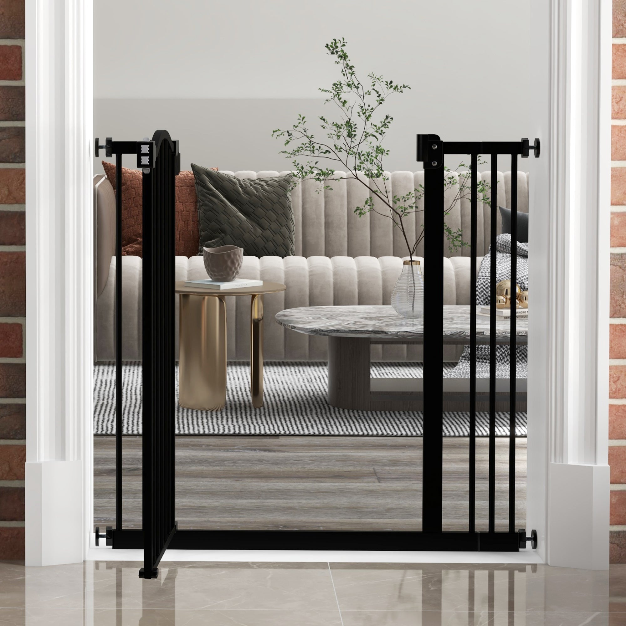 Extendable Dog Gate with 2 Locks and Automatic Lock, Metal and Plastic, 74-87x78 cm, Black