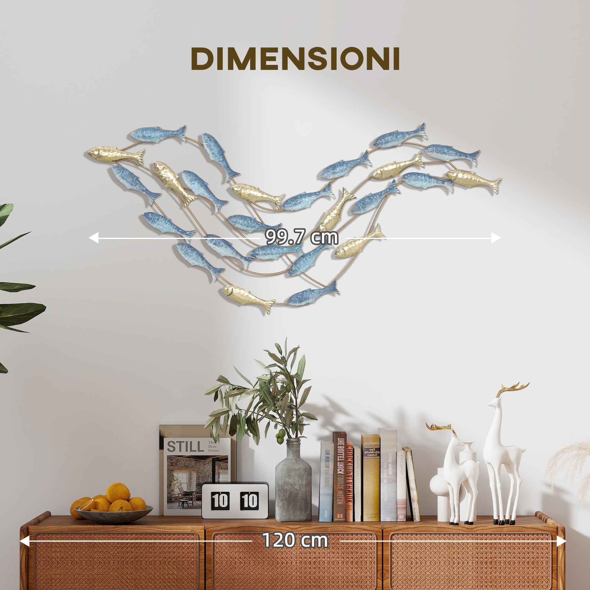HOMCOM Metal Fish Wall Art with Screws Included, 99.7 x 3.8 x 50.2 cm, Gold and Blue