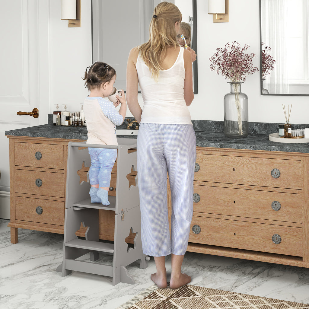 Montessori Ladder Convertible to Table and Chair Set with Safety Bar, Wooden, 60x44.5x86 cm, Grey