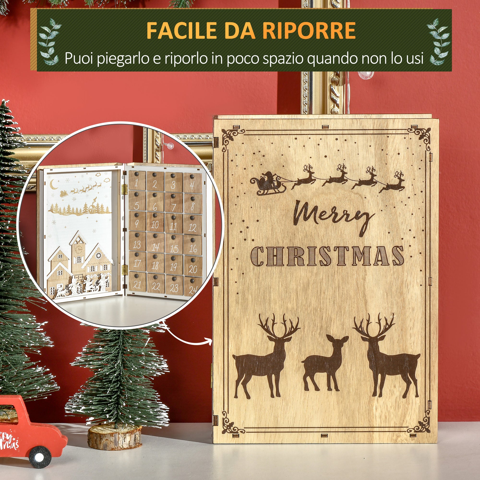 Wooden Christmas Advent Calendar in the Shape of a Book with Christmas Themes, 22x7x32 cm, White and Wood Color