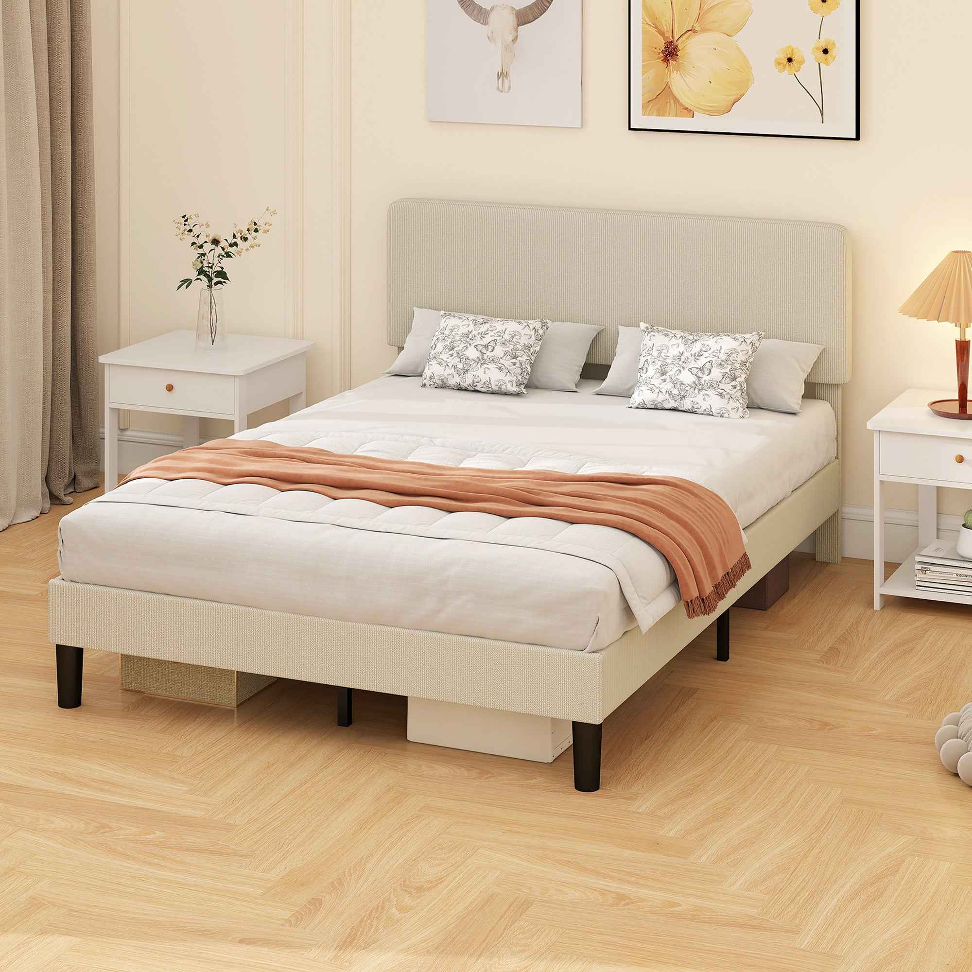 HOMCOM 140x200cm Bed Frame with Height-Adjustable Padded Headboard and Slats, Corduroy, Grey