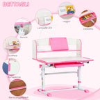Children's Desk 6-12 Years Adjustable with LED Light, Bookstand and Pen Holder, in MDF, PP and Steel, Pink