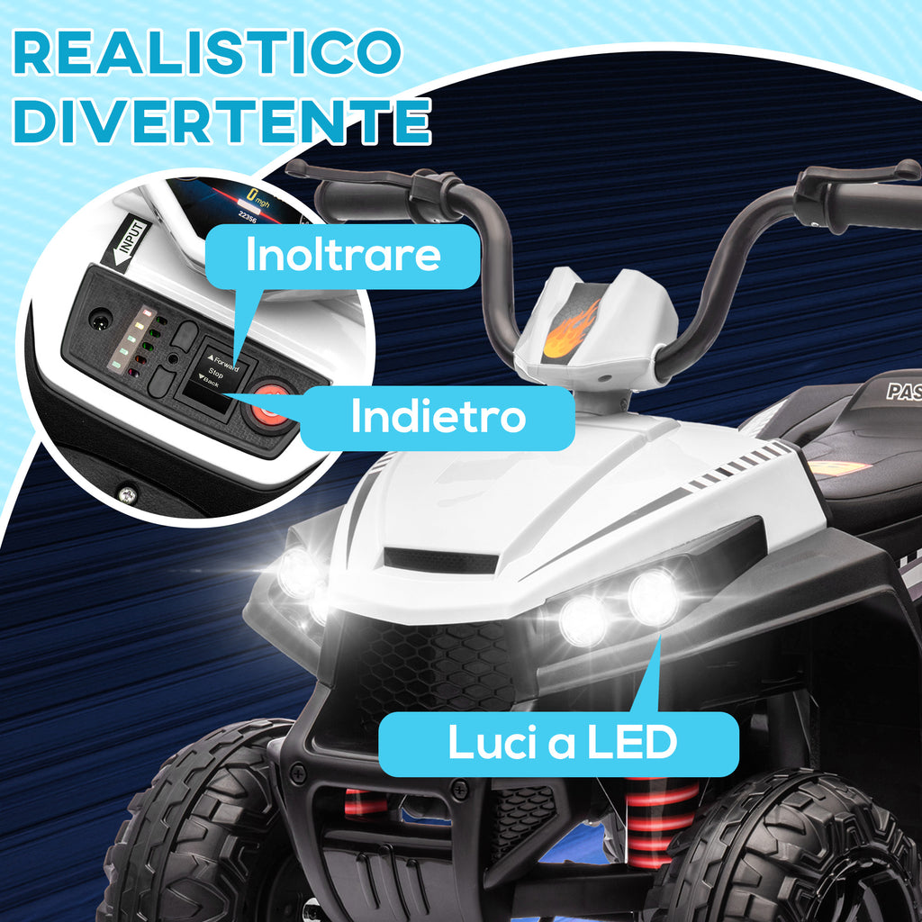 AIYAPLAY 12V Electric Quad Bike for Kids with 2 Motors, Suspension, LED Headlights, MP3, 37-60 Months, Indoor/Outdoor, White
