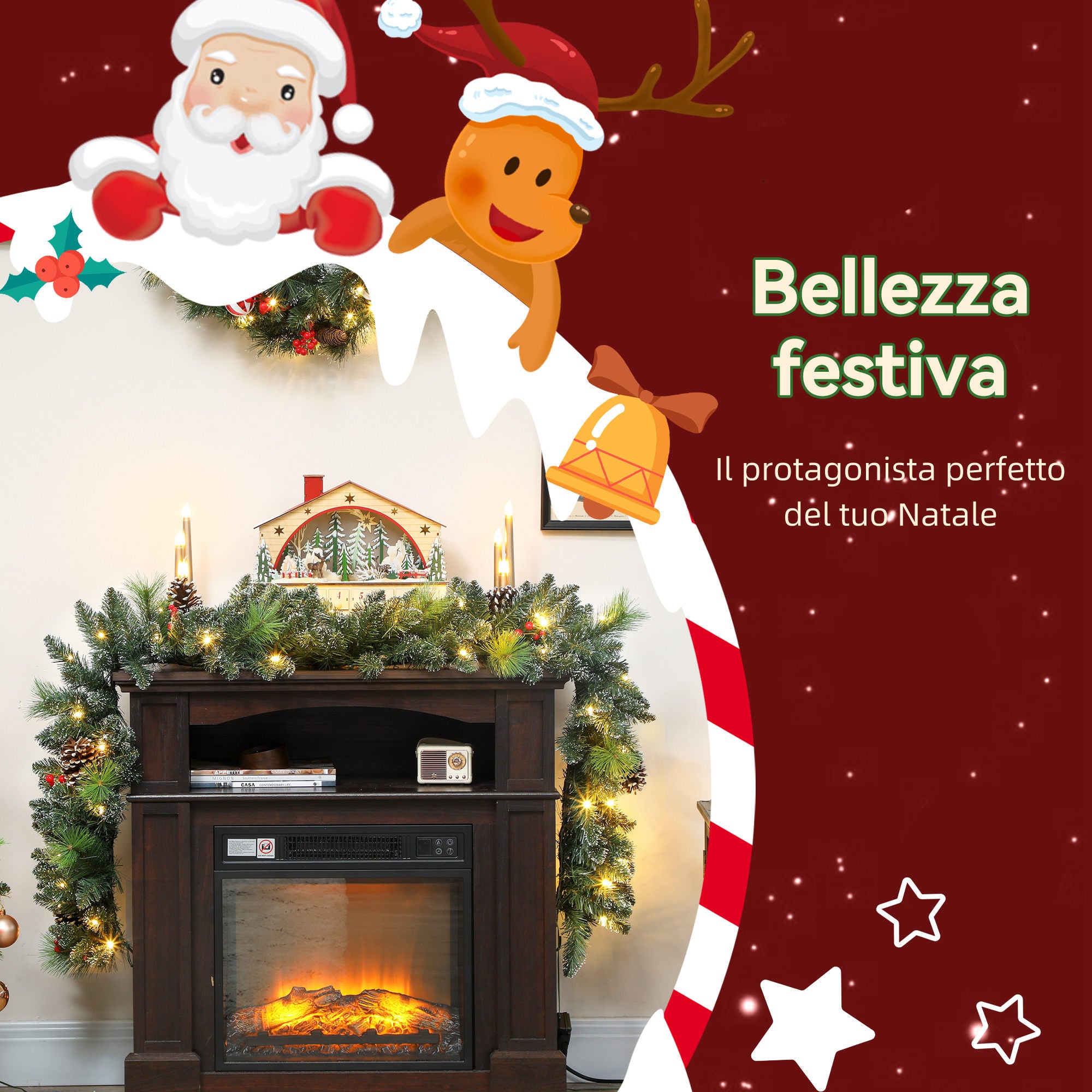 180cm Christmas Garland with Snow-Covered Branches and 30 White Lights, Pine Cones and Berries for Indoors