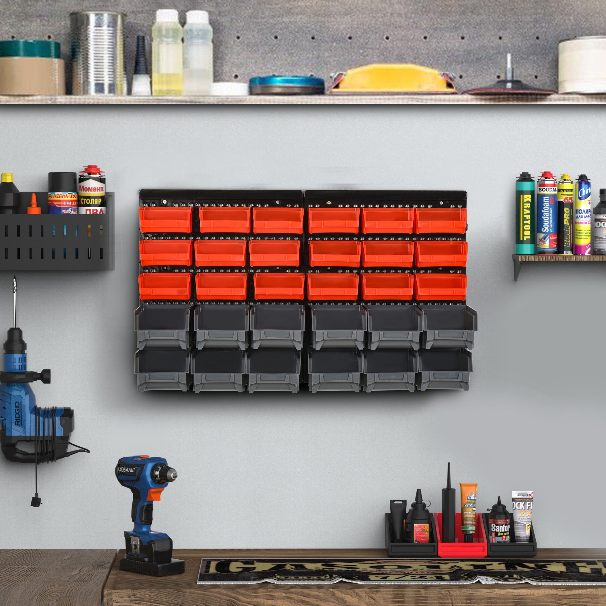 Tool Organizer with 30 Adjustable and Removable Bins, Wall Mounted, PP, Red Grey Black, 37.5x18x63cm