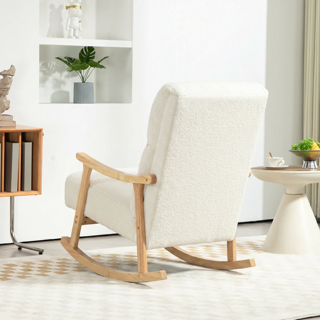 HOMCOM Teddy Velvet Upholstered Rocking Chair, Ergonomic Backrest, Rubber Wood Legs, Cream