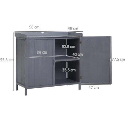 Grey Outdoor Wooden Cabinet Storage with Metal Top and 2 Tool Holders tools | 98x48x95.5 cm - Borgè