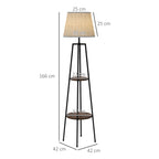 Floor Lamp with 2 Shelves in Metal and MDF with Fabric Lampshade, Ø42x166 cm, Black and Brown
