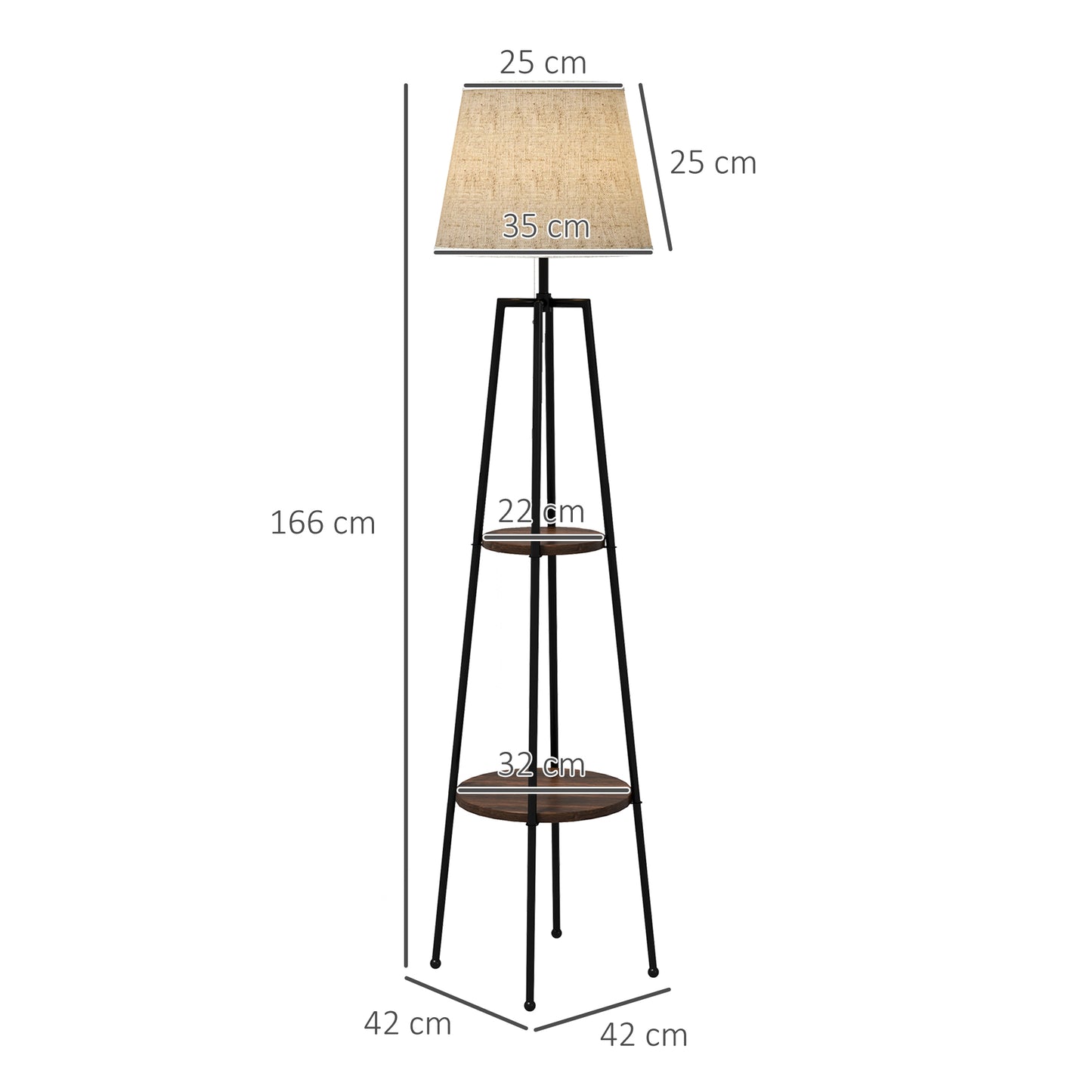 Floor Lamp with 2 Shelves in Metal and MDF with Fabric Lampshade, Ø42x166 cm, Black and Brown