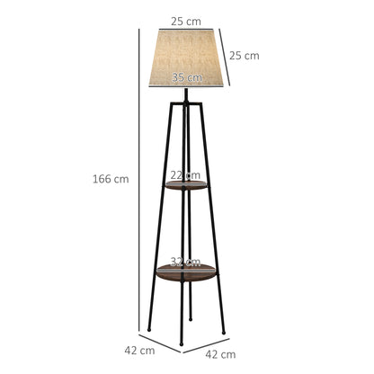 Floor Lamp with 2 Shelves in Metal and MDF with Fabric Lampshade, Ø42x166 cm, Black and Brown