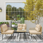 Rattan Garden Lounge Set 2 Sofas and Corner Chair with Cushions, Glass Coffee Table, Wood Color