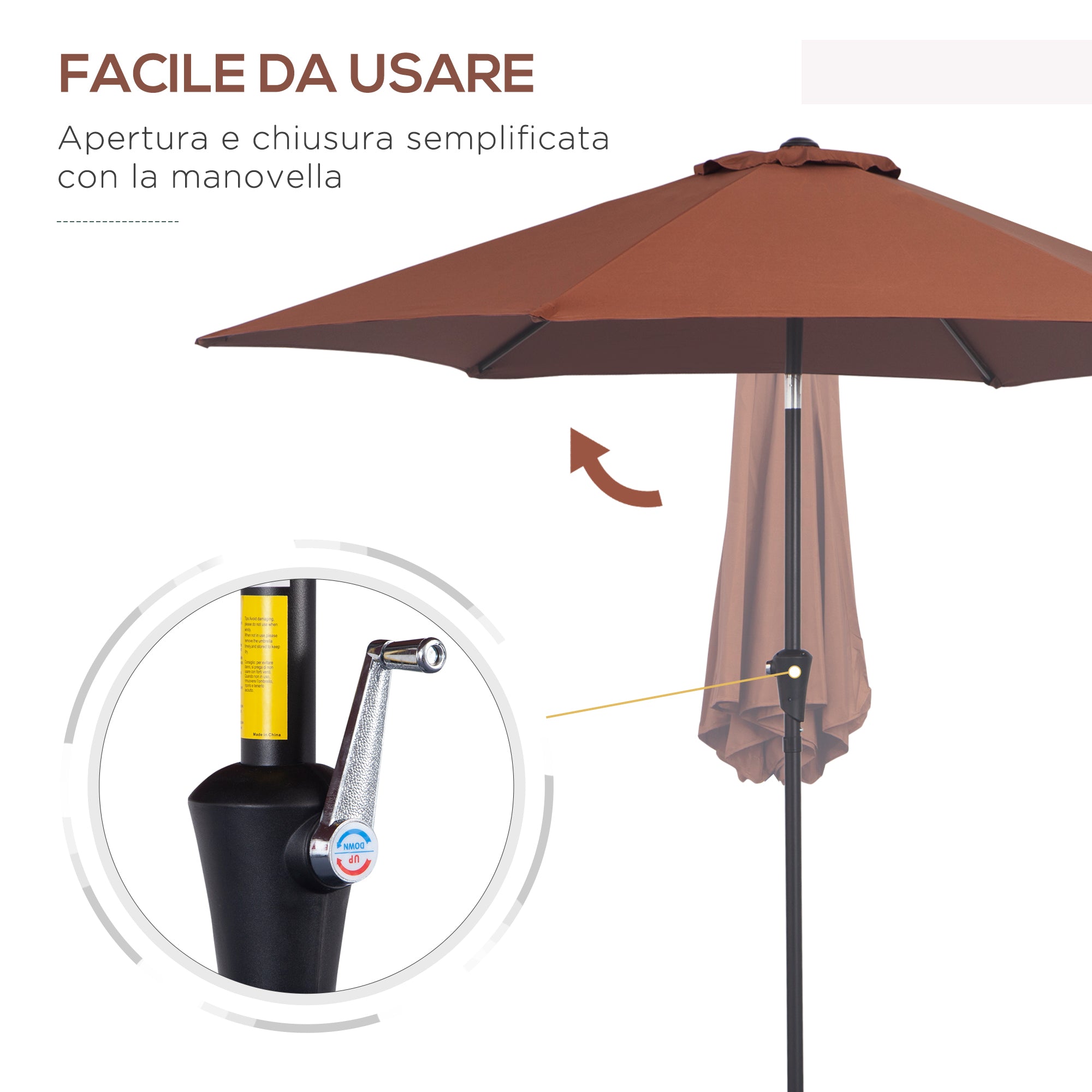 Tilting Garden Umbrella with Crank, in Aluminium, Metal and Polyester, Ø260x235 cm, Black and Coffee