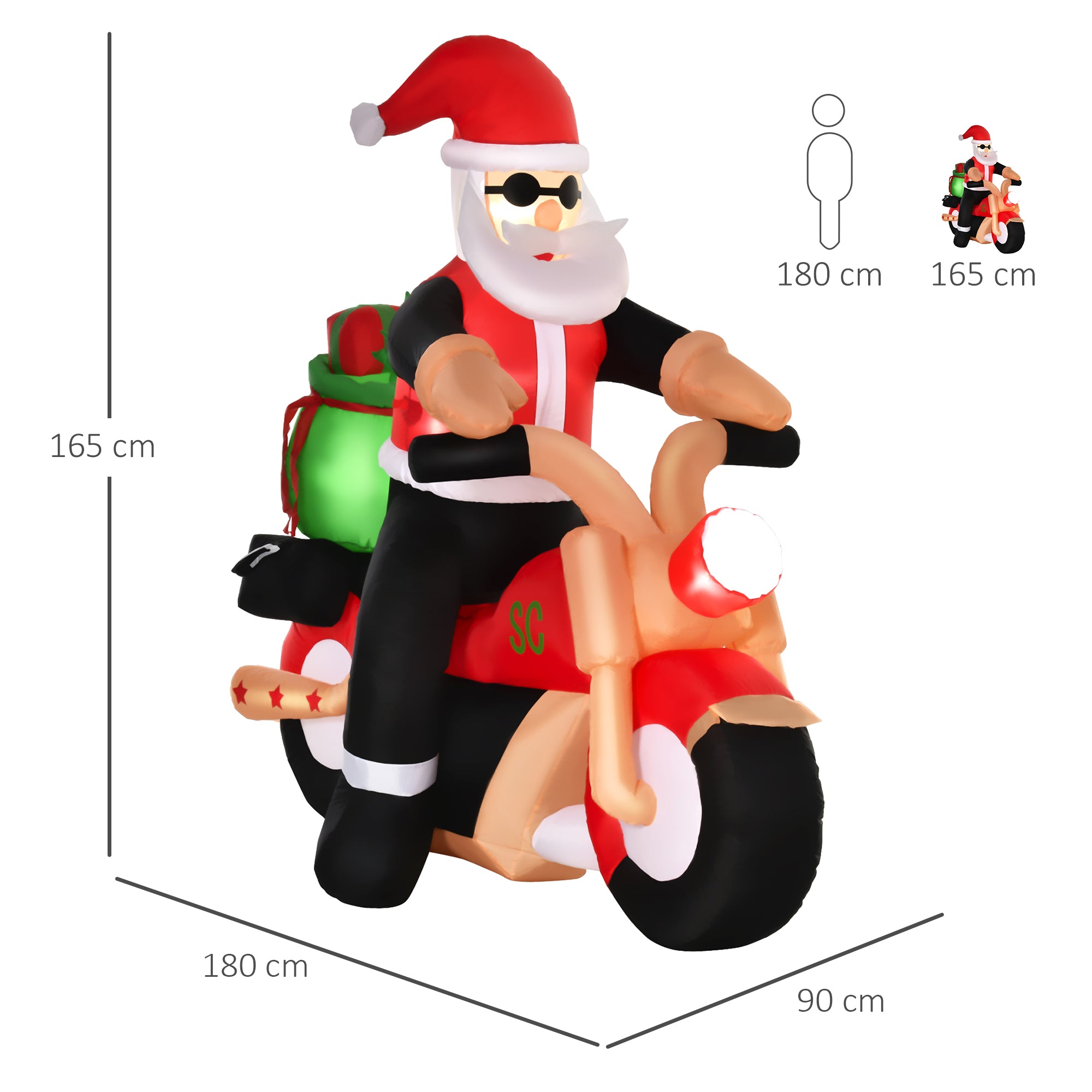Inflatable Santa Claus on Motorcycle 165cm with Integrated LED Lights, Outdoor Christmas Decoration