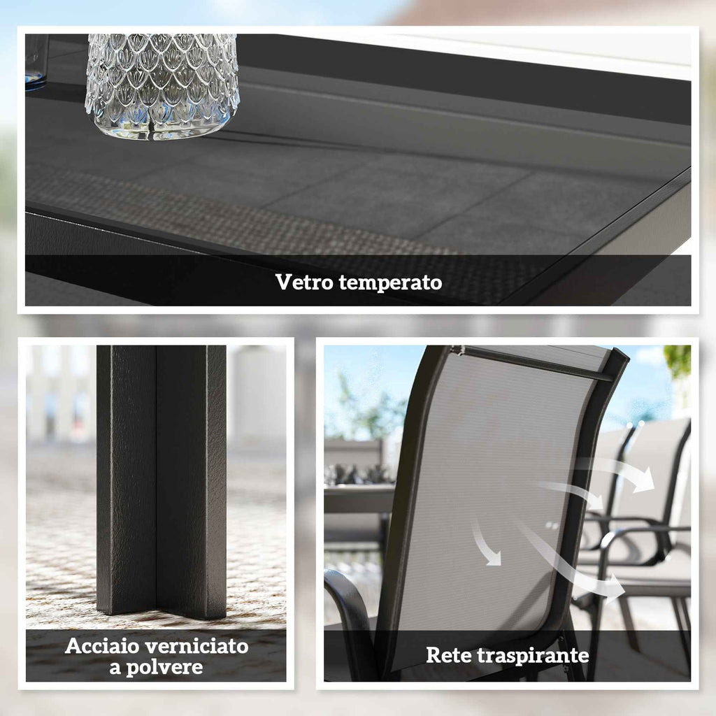 Outsunny 9-Piece Outdoor Set with 8 Stackable Texteline Chairs and Glass-Top Coffee Table, Light Grey