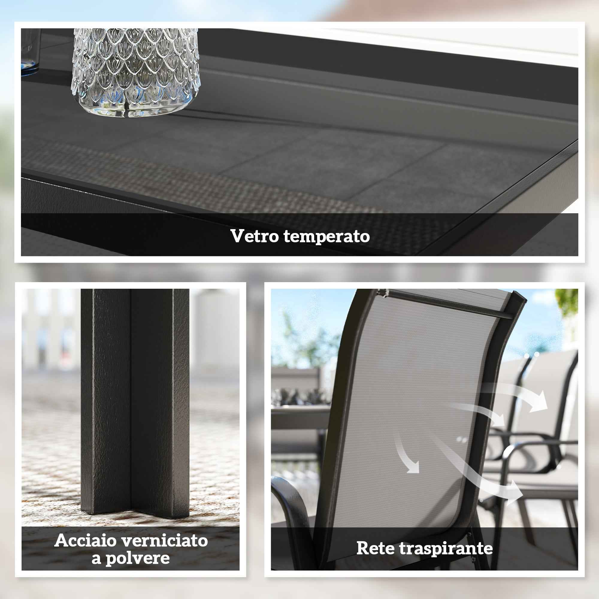 Outsunny 9-Piece Outdoor Set with 8 Stackable Texteline Chairs and Glass-Top Coffee Table, Light Grey