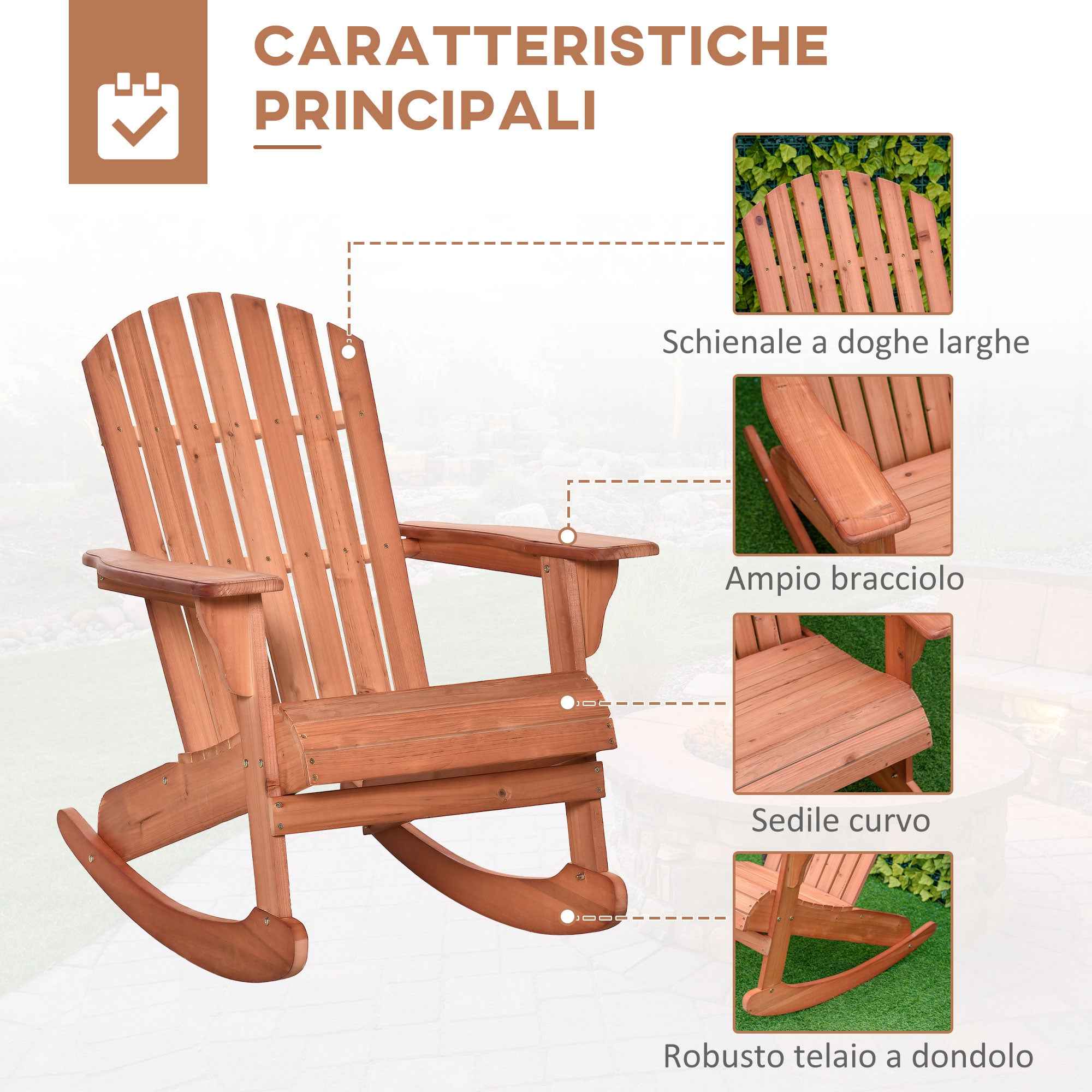 Outsunny Wooden Adirondack Chair, Waterproof Garden and Outdoor Rocking Chair, 77x94x97cm Teak