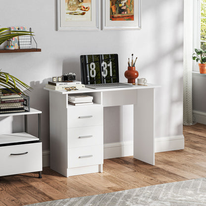 Modern Wooden Desk with 3 Drawers and Open Shelf, 100x40x75 cm, White