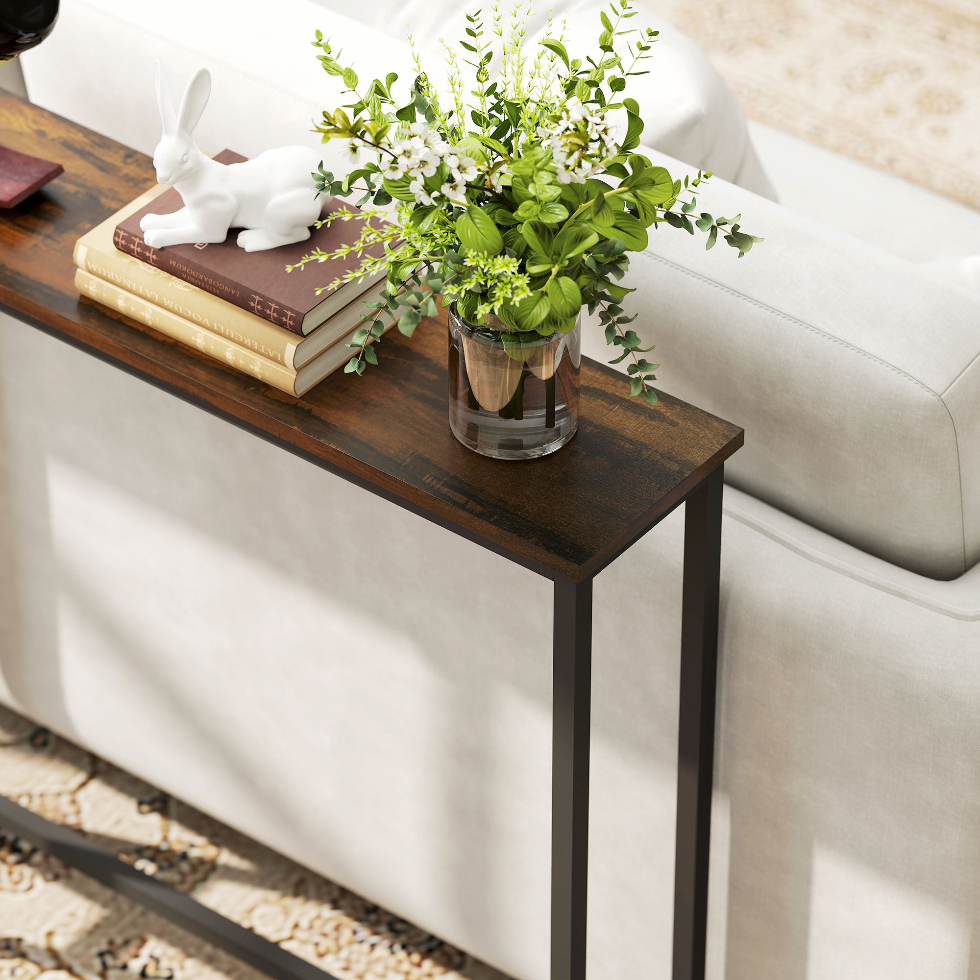 Industrial Style Console Table with Charging Station, in Wood and Steel, 160x20x80 cm, Brown