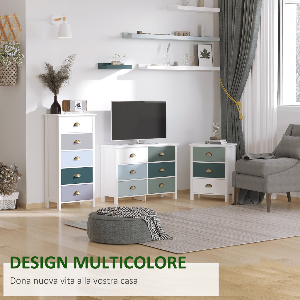 Chest of Drawers with 5 Colourful Drawers, Tall and Space-Saving Dresser, Multi-Coloured Blue